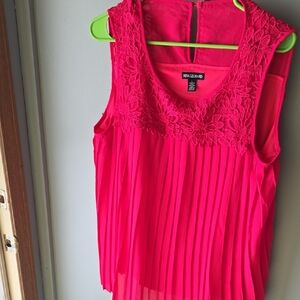 Nina Leonard Hot Pink Lace Yoke Pleated Sleeveless Tunic